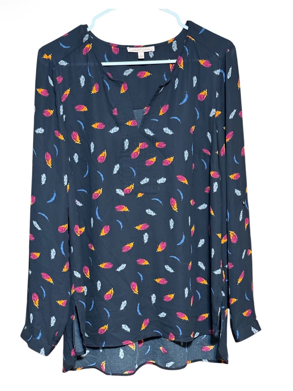 Gibson Latimer Feather Print Blouse Size Large Navy Boho Long Sleeve Top - Picture 2 of 3